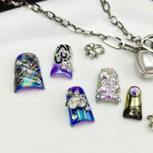 10pcs Pure Hand-Wom Nail,Cyberpunk Y2K Glam Stiletto Press - On Nails | Blue - Purple Ombre With Metallic Silver, 3D Metal Star & Heart Charms, Aurora Rhinestones & Iridescent Gems | Shimmer Finish Fake Nails - Perfect For Halloween Festivals, Clubbing & Edgy Street Style - 藏蓝色 - 查看 5