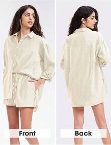 EXLURA - Conjunto de 2 piezas para mujer, de manga larga con botones, conjunto corto a juego, pijama de gran tamaño - Caqui - Ver 5