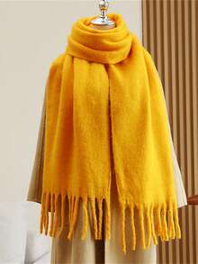 1pc Solid Color Scarf, Warm Neck Accessory, Thick Knitted Wool Tassel Shawl, Wearable For Winter - Yellow - View 2