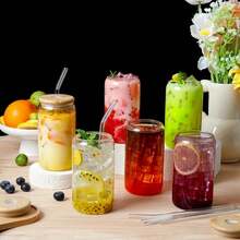 8pc, Glass Cup With Bamboo Lid And Glass Straw+Straw Brush, Exquisite Glass Cup, Essential For Furniture And Kitchen, Party Supplies, Straw Cup Perfect For Soda Water, Boba Tea, Iced Coffee Cup, 18.7oz - 8PCS - View 9