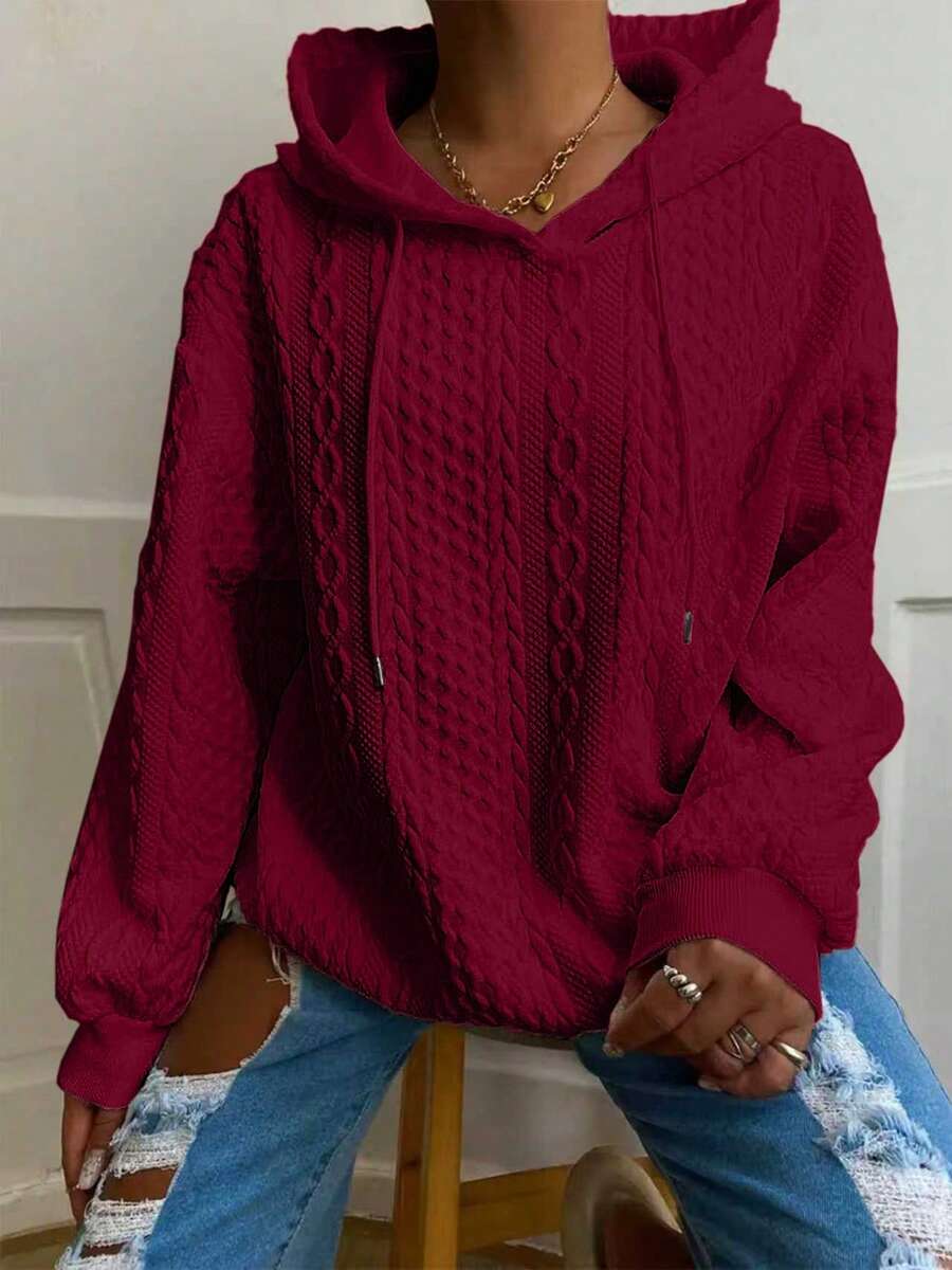 Áo sweatshirt dài tay dệt kim jacquard màu trơn dáng rộng thoải mái dành cho nữ cỡ lớn, thích hợp cho mùa xuân. - Màu Đỏ Sâu - Xem 1