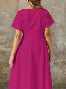 Blusa casual para mujer asimétrica diseño High Low tela lisa holgada cuello redondo manga corta primavera verano ocasiones versátiles blusa larga - Rosa Fucsia - Ver 3