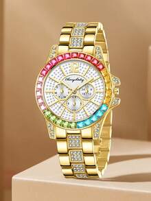 1pc Ladies Watch Gold Watch Ladies Business Steel Strap Quartz Watch Rhinestone Three Eyes Watch - Gold - View 2