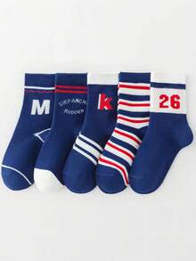 5 Pairs Boys' Cotton Striped Sports Socks, Football/Basketball Casual Striped Student Socks - Multicolor - View 2