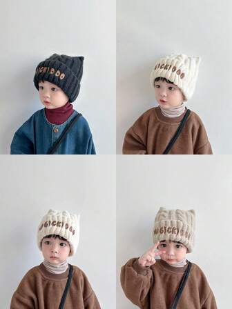 1 件儿童帽子 - 秋冬可爱幼儿针织帽 - 加厚保暖羊毛帽，适合男孩和女孩
