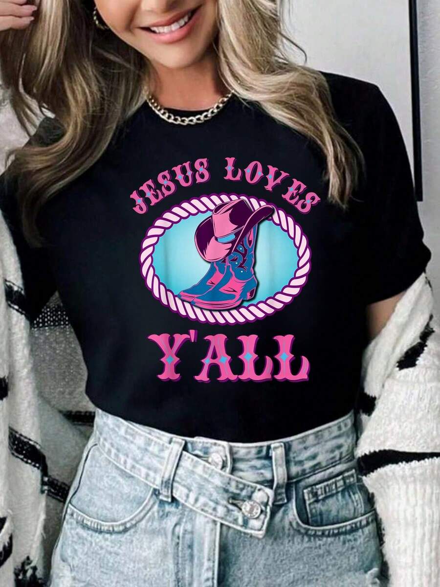 100% Cotton Cute Jesus Loves Y'all Cowgirl Christian T-Shirt Graphic Shirt Women - 黑色 - 查看 1