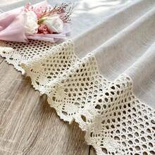 1pc Solid Color Linen-Like Opaque Short Curtain, With Crochet Lace Trim, Suitable For Kitchen Cabinet Small Windows, Farmhouse Style Lightweight Boho Window Decor - Beige - View 10