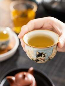 汝窑萌猫圆定茶杯 大师杯 裂纹釉 功夫茶道高档茶杯 单杯 茶杯 水杯 - 彩色 - 查看 3