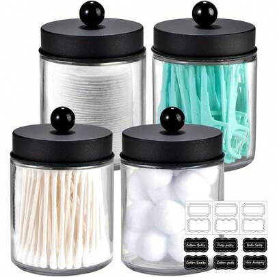 4 Pack Apothecary Jars Bathroom Vanity Storage Organizer Set Countertop Canister With Stainless Steel Lids AndCute Stickers Qtip Dispenser Holder For QtipsCotton Swabs Makeup Sponges Black