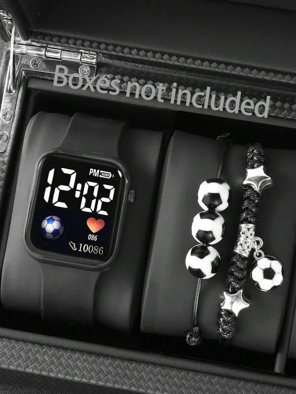 3pcs/Set Running Sports Electronic Watch With Football Display, Cartoon Watch And Football Bracelet Jewelry Set, Suitable For Daily Wear, Casual & Personalized