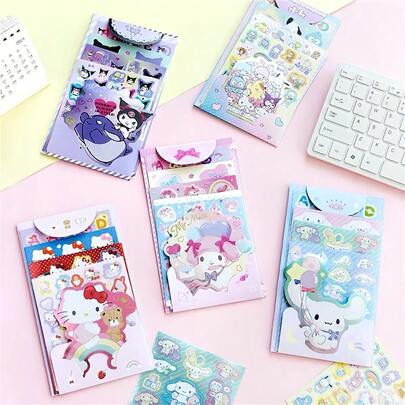 Sanrio Kawaii Sanrio Combination Sticker Cartoon Hello Kitty Kuromi Cinnamoroll Melody Hand Account Decoration DIY Stickers Girls DIY Laptop Phone Diary Cute Sticker For Gifts