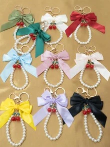 1 Elegant Faux Pearl Bracelet And Bow Decoration Keychain Pendant, Equipped With Creative Zinc Alloy Simulated Cherry Accessories, Fashionable Women's Bag Pendant, Suitable For Bag Chains, Mobile Phone Hanging Chains, Keychains, And Gifts For Friends' Mothers Christmas