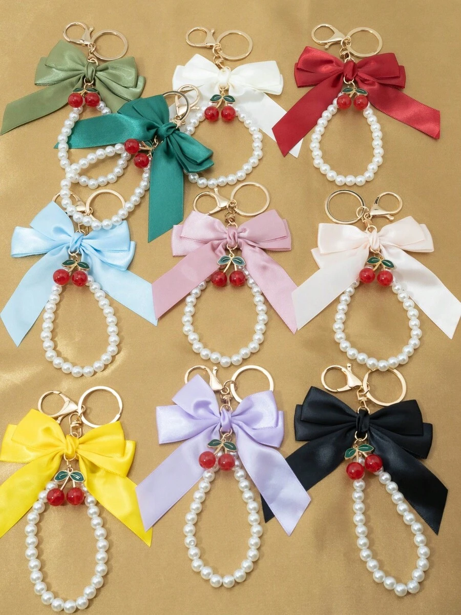 1 Elegant Faux Pearl Bracelet And Bow Decoration Keychain Pendant, Equipped With Creative Zinc Alloy Simulated Cherry Accessories, Fashionable Women's Bag Pendant, Suitable For Bag Chains, Mobile Phone Hanging Chains, Keychains, And Gifts For Friends' Mothers Christmas