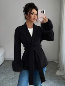 女士优雅仿毛皮饰边系领梭织面料长袖外套 - 黑色 - 查看 7