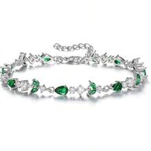 Crysdue Wedding Bridal Link Bracelet Brides Bridesmaids, Marquise Cubic Zirconia Tennis Bracelets Women Prom Jewelry - 02_綠色,銀色 7.5-9.1英寸 - 查看 1
