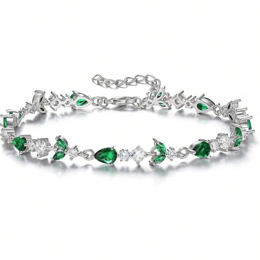 Crysdue Wedding Bridal Link Bracelet Brides Bridesmaids, Marquise Cubic Zirconia Tennis Bracelets Women Prom Jewelry - 02_綠色,銀色 7.5-9.1英寸 - 查看 1