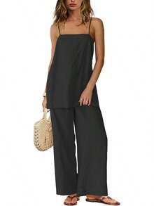 2 Piece Linen Set Summer Travel Beach Vacation Outfit Sexy Spaghetti Strap Tank Top And Pants With Pocketshalloween - Dark Brown - 查看 7