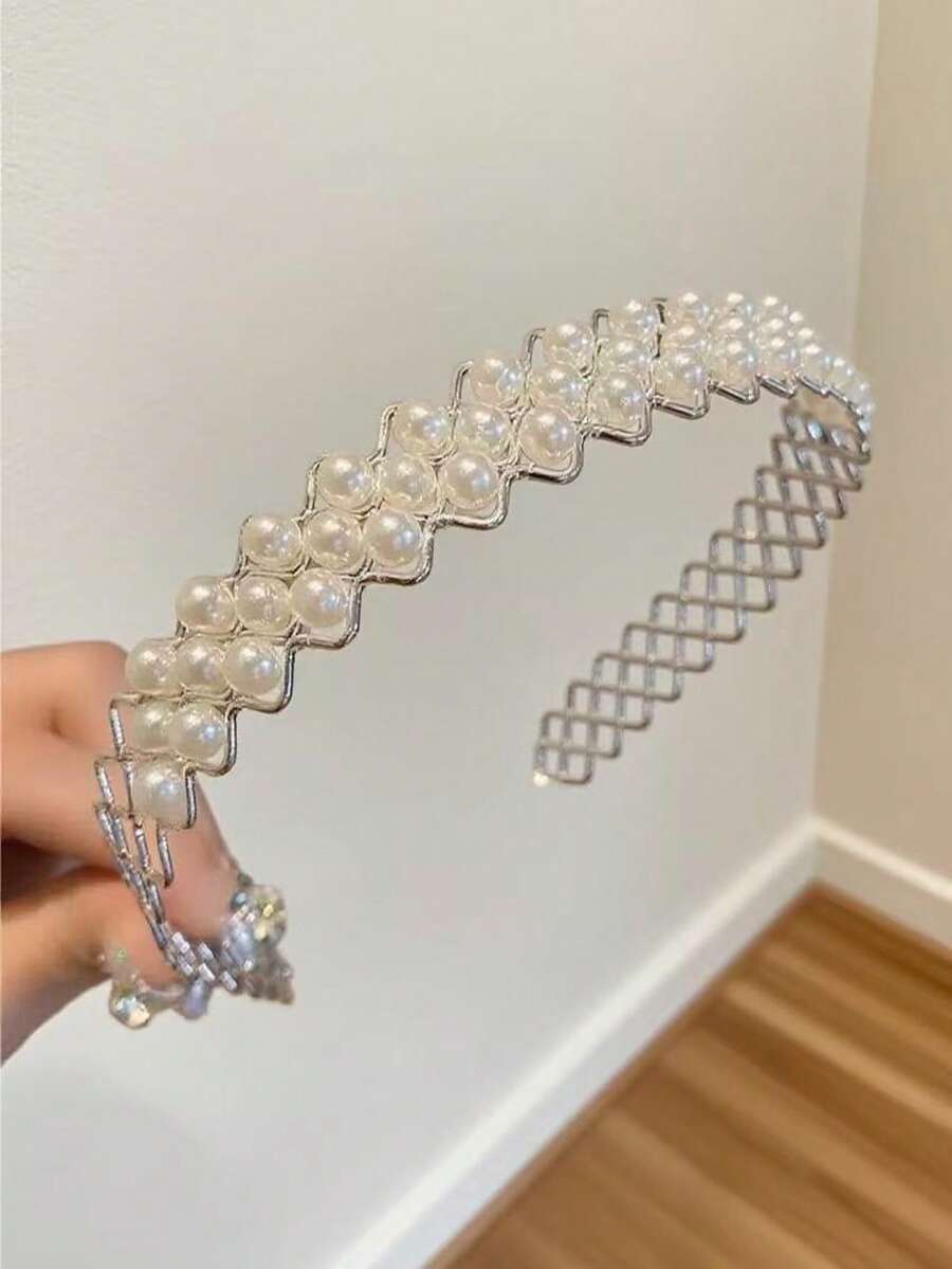 1件復古優雅大珍珠髮箍,金色方形復古珍珠髮飾,極簡洗鍊女性髮夾髮帶 - 網格銀色1pcs - 查看 1