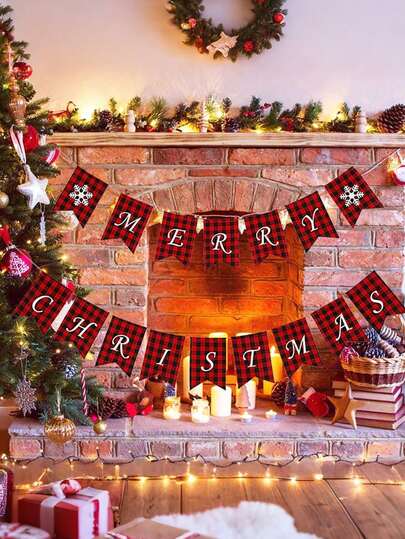 Faixa de Feliz Natal com Duas Bandeiras de Flocos de Neve - Faixa Xadrez Buffalo para Lareira, Árvore de Natal, Decoração de Natal, Guirlanda de Juta e Faixa de Natal Vintage para Lareira - Letras Xadrez Pretas e Vermelhas - Artigos para Festa de Natal