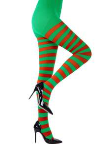 1 双女士圣诞条纹紧身裤，条纹长袜，全长大腿高连裤袜，圣诞服装，圣诞节女士服装配饰，加大码女士圣诞条纹紧身裤，节日派对服装，成人连脚紧身裤，红色，白色，绿色，手套，白色毛皮保暖手套