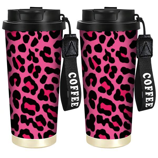 1pc 500ml Insulated Tumbler With Pink Leopard Print - Portable Stainless Steel Coffee Cup With "COFFEE" Strap, Leak - Proof Lid, Ideal For On - The - Go Hydration, Perfect For Daily Use, Work, School, Outdoor Activities, And Keeping Drinks At Desired Temperature, A Stylish Gift For Coffee Lovers And Fashion Enthusiasts