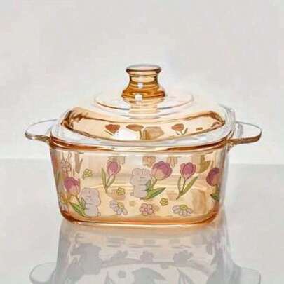 Heat-Resistant Amber Glass Bowl With Rabbit Design - Oven, Microwave & Freezer  Serving Dish For Baking, Salads, Desserts | For Kitchen & Dining