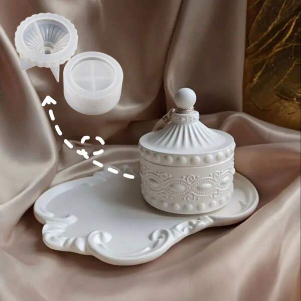 Set de 2 moldes de resina DIY, molde decorativo tallado redondo para caja de almacenamiento, molde para decoración del hogar para florero, vela, pegamento, yeso, taza de incienso, molde de silicona