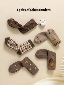 1/3/5双女士中长袜，适合秋冬季节，厚款毛圈保暖袜，花朵图案女士袜子 - 彩色 - 查看 15