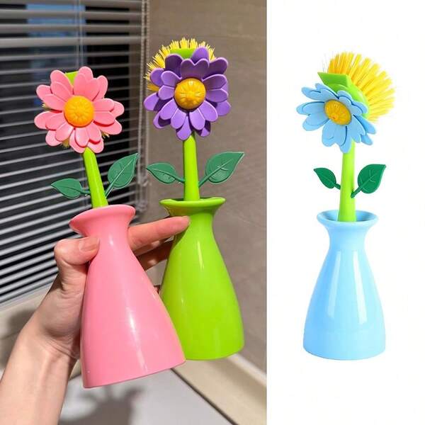 1 pezzo Elegante spazzola per pulizia con fiori e secchio di stoccaggio - Spazzola per pulizia vaso da fiori creativa, spazzola per pentole, spazzola per lavandino, manico staccabile, setole morbide e durevoli, adatta per la pulizia di cucina, bagno e toilette