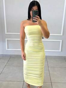 Strapless Midi Dress With Suplex Cup, Ruched Sides, Wrinkled, Strapless, Elegant, Sensual, Tight Fit - 黃色 - 查看 2