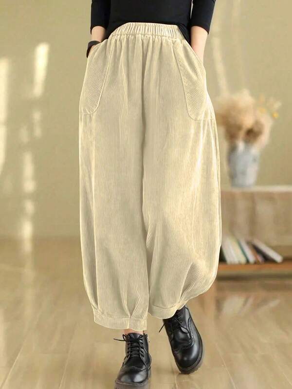 Plus Size Women Vintage Minimalist Pocket Loose Harem Pants, Suitable For Spring, Summer, Autumn, Casual Daily Wear