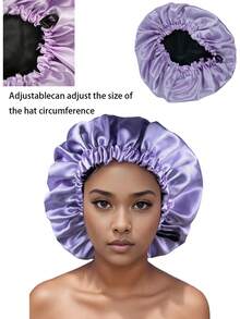 1pc Women's Solid Colored Double-Layered Satin Bonnet Adjustable Slouchy Hat Cap With Elastic Button Closure, Fashionable Sleep Bonnet For Daily Use To Protect & Style Hair Beach Hat - Skin Powder - View 2