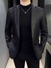 1pc Men's Casual Business Black Leather Single-Breasted Blazer, Fall/Winter