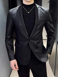 1pc Men's Casual Business Black Leather Single-Breasted Blazer, Fall/Winter