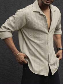 男士复古硬币纹理纯色针织休闲长袖衬衫，秋冬款