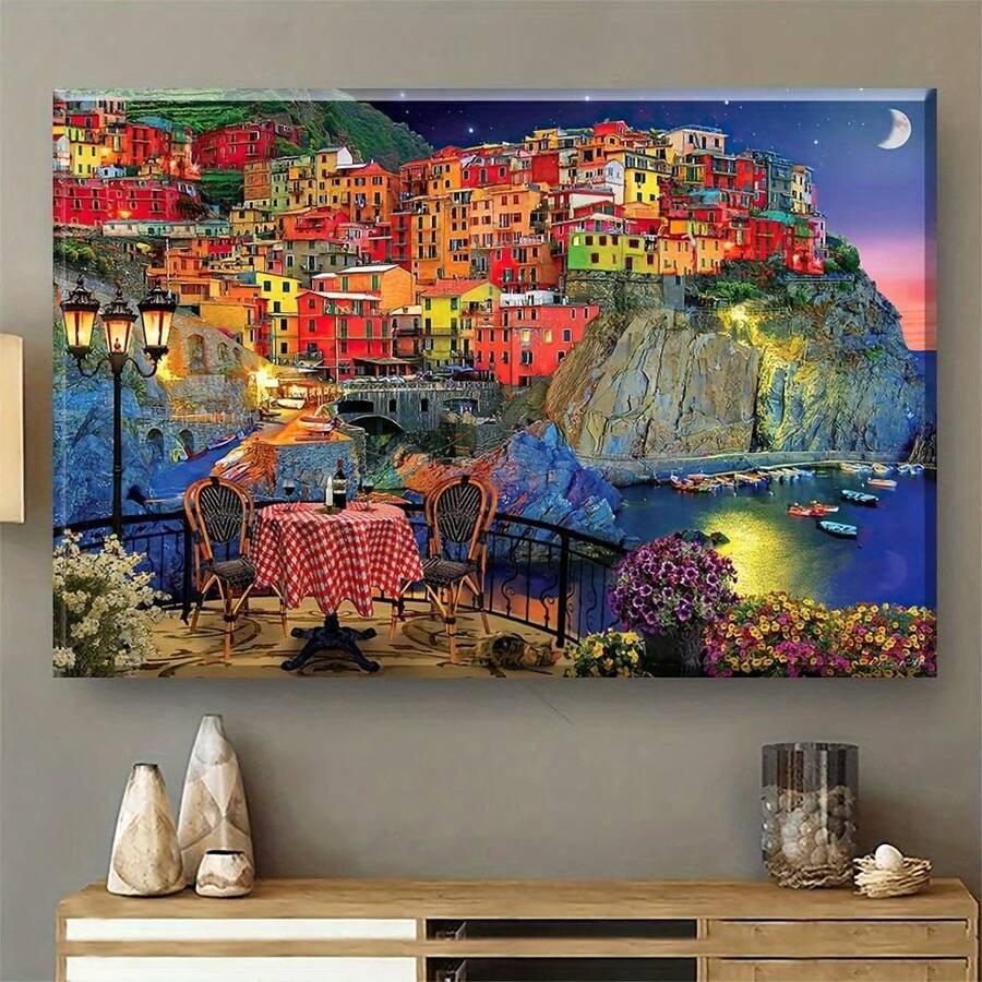 1pc Cinque Terre Italian Landscape Canvas Art Print - Vibrant Framed Wall Decor With Pine Wood Frame, Ready To Hang, Living Room& Bedroom Aesthetic, Aesthetic Room Enhancement Scenic Canvas Print Waterproof Artwork - Nhiều màu - Xem 1