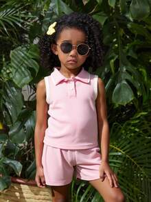 Conjunto Infantil de DoS Pieza para Niña – Polo sin Mangas y Short en Colores Vibrantes - Rosa pastel - Ver 3