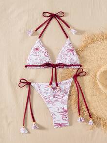 Tropical Print Backless Tie Strap Bohemian Beach Dress - Red - View 5