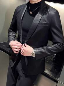 1pc Men's Casual Business Black Leather Single-Breasted Blazer, Fall/Winter