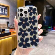 1pc Navy Blue Floral Cute Cartoon Innovative Fresh Daisy Plant Flower Phone Case, High-Quality IMD Full-Coverage Anti-Drop, Silver Feather Gradient Feather Wave Bright Silver Laser Shiny Luxury Art Style, Compatible With Apple/OPPO/VIVO/Honor/Redmi/Transsion Phones - Multicolor - View 2