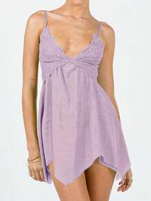Women Fairy Lace Dress Spaghetti Strap Mesh Mini Dress Tinker Costume Bell Halloween Sleeveless Slip Backless Lace Trim Nightgown Lingerie - 紫色 - 查看 1