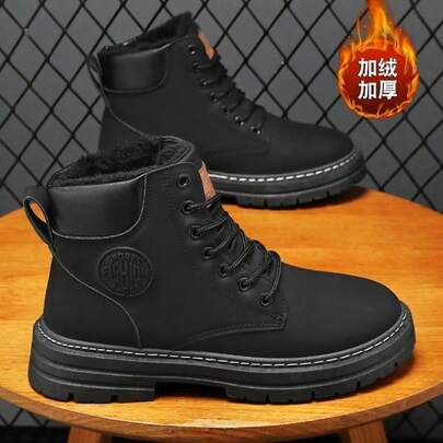 Men's Thick Sole Lace-Up Boots, Comfortable Round Toe Design, Synthetic Material, Rubber Sole - Platform Boots Suitable For All Seasons