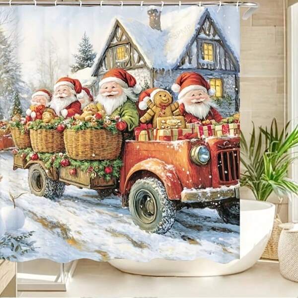 1pc/4pcs Christmas Decorations, Santa Claus, Shower Curtain With 12 Hooks, Bathroom Rug, U-Shaped Toilet Mat, Toilet Lid Cover, Bathroom Decor, Bathroom Curtain Set, Thanksgiving Gift
