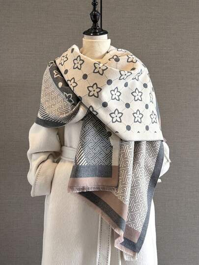 1pc Elegant Clover Jacquard Design Faux Cashmere Warm Scarf For Women, Suitable For Air-Conditioned Rooms, Fashion & Versatile Neck Warmer For Autumn/Winter For Dress