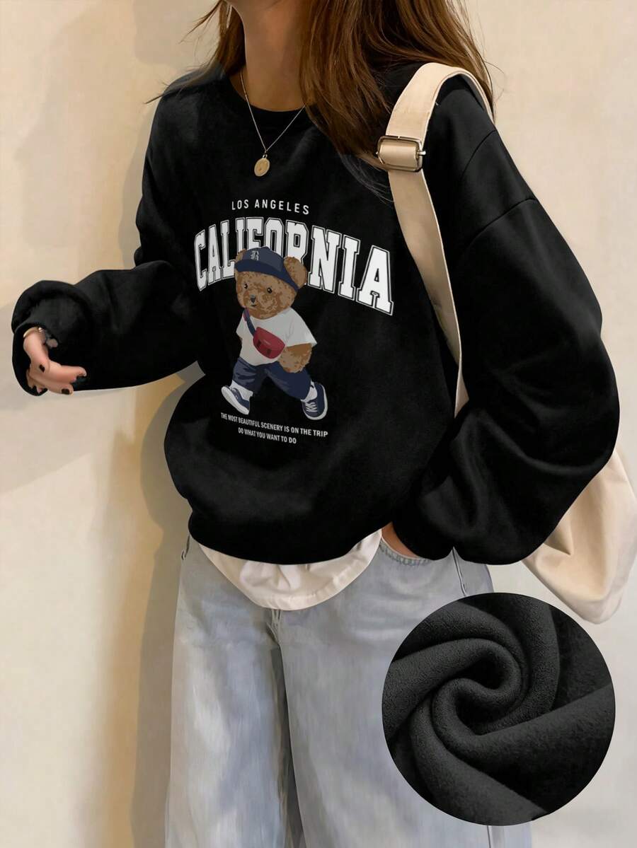 1 pieza Sudadera casual con cuello redondo y estampado para niñas preadolescentes y estudiantes, otoño/primavera - Negro - Ver 1