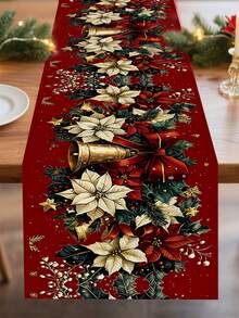 1件红色一品红和金色铃铛圣诞图案涤纶桌旗，节日圣诞风格，100%涤纶长方形桌旗，饰有生动的节日花卉和铃铛图案，抗皱易打理，适用于家庭餐桌装饰、圣诞派对桌面装饰、节日房间装饰 - 彩色 - 查看 15