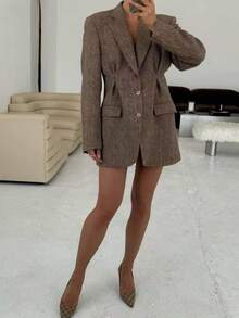 新款秋冬女装外套人字呢毛呢加厚金属绒纽扣装饰腰翻领休闲西装外套通勤优雅日常办公室夹克套装 - 咖啡棕 - 查看 9