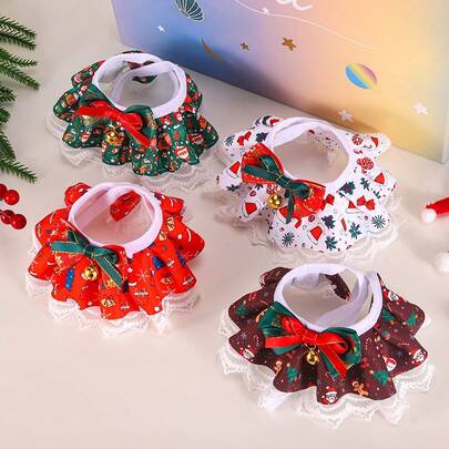 1pc Pet Christmas Lace Scarf With Bow Tie & Bell Decor, Cat Neck Wrap, Small Dog Collar For Outdoor Photo Shoot
