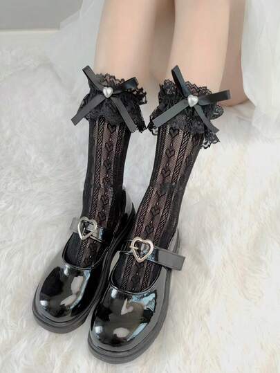 1 Pair Women's Lace Trim Bow & Pearl Decor Knee High Socks, Lolita Style, One Size Fits Most