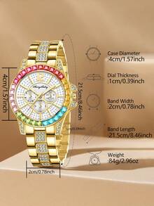 1pc Ladies Watch Gold Watch Ladies Business Steel Strap Quartz Watch Rhinestone Three Eyes Watch - Gold - View 4